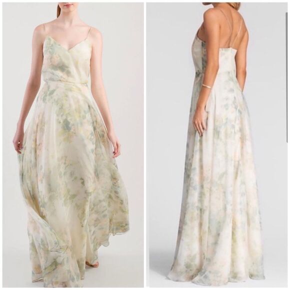 Jenny Yoo Anthropologie Inesse Maxi Dress Womens Size 4 Floral Ivory Sage Event - Picture 1 of 11